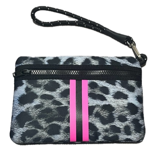 Leopard Print Neoprene Wristlet Clutch with Pink Stripe - Picture 1 of 5